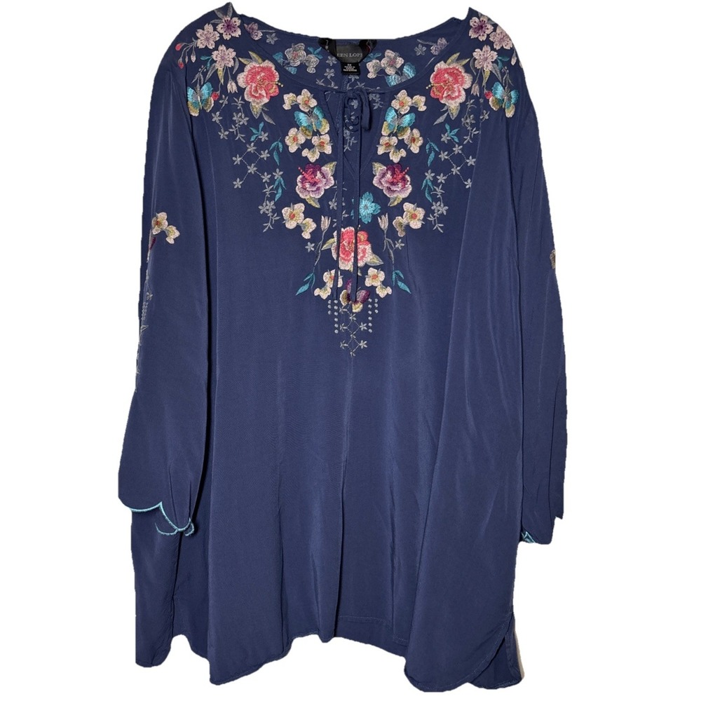 Colleen Lopez Tunic Top Women's Blue Excellent Embroidered Floral Butterfly 2X